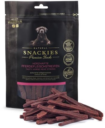 SNACKIES Premium Snacks für Hunde, ohne Zusatz von Getreide, Zucker, Farb-, Aroma- und Konservierungsstoffe, schonend luftgetrocknete Leckerli, Herzhafte Pferdefleischstreifen 170g