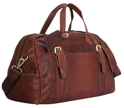 STILORD 'Georgia' Große Reisetasche Vintage Leder mit Tragegriff und Schultergurt Reisegepäck Handgepäck in Kabinengröße aus echtem Büffel Leder, Farbe:Cognac - Dunkelbraun