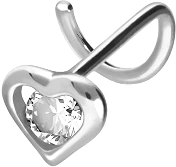 PIERCINGLINE 750er GOLD Nasenpiercing Spirale 18 KARAT HERZ mit KRISTALL Piercing Nase Stecker Weißgold