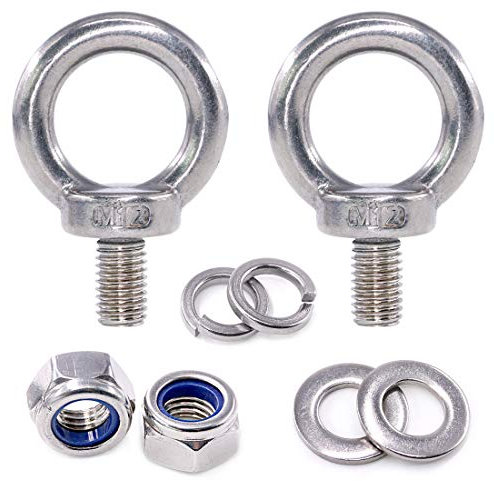 Swpeet - Juego de 8 pernos de acero inoxidable 304 M12 macho con rosca para levantamiento de ojos, incluye 2 pernos de ojo M5 con 2 tuercas de bloqueo, 2 arandelas de bloqueo y 2 arandelas planas