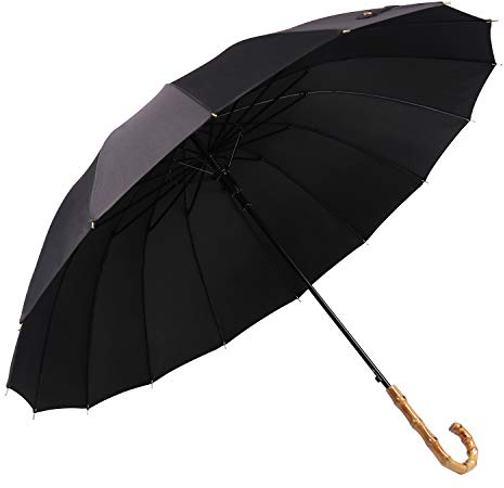 Lanker - KS08P Paraguas grande que se abre y se cierra de forma manual con 16 varillas, duradero y resistente con fibra 210T impermeable, resistente al viento negro negro