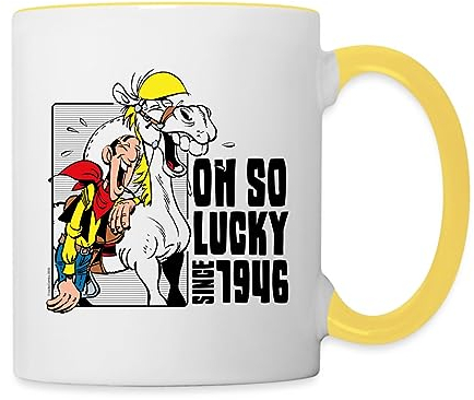 Spreadshirt Lucky Luke mit Jolly Jumper Oh so lucky Tasse Zweifarbig, One size, Weiß/Gelb