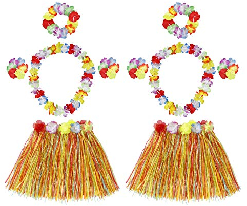 HONGXIN-SHOP Gonna di Erba Hawaii Luau Elastico Costume Fancy Dress Fiori Braccialetti Fascia per Capelli Collana per Ragazze Donne Festa di Compleanno Forniture 2 Set