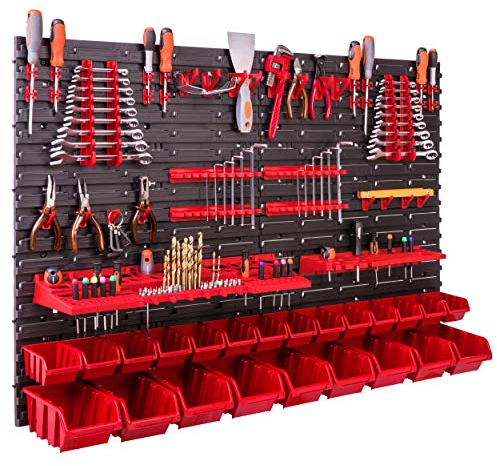 Lagersystem Wandregal 115x78 cm, Werkzeughalterungen, 23 stck. Stapelboxen Schüttenregal Sichtlagerkästen, Extra Starke Wandplatten, Regal Erweiterbar, Werkstattregal Lagerregal Werkstattwandregal St