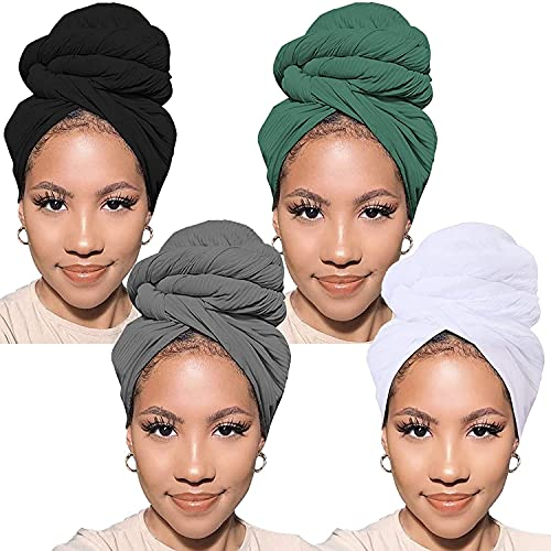 Xtrend 4 Stück Stretch-Jersey-Turban-Kopfwickel für schwarze Frauen, gestrickte Stirnbandagen, städtische Haarschal, einfarbig, ultraweich, extra lang, atmungsaktiv, Stirnband zum Binden (Schwarz,