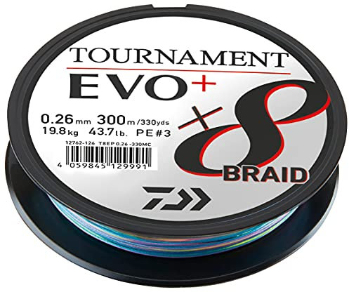 Daiwa Tournament x8 Braid EVO+ 0.20mm, 18.0kg/39.7Lbs, 3000m, Mehrfarbig, Geflochtene Angelschnur, 12762-320