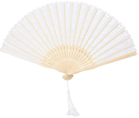 MOUMOUTEN Lace Hand Folding Fan, Lace and Bamboo Hand Fan with Tassel for Women, Double Layer Japanese Fans for Wall Decoration Wedding Birthday Gifts (White)