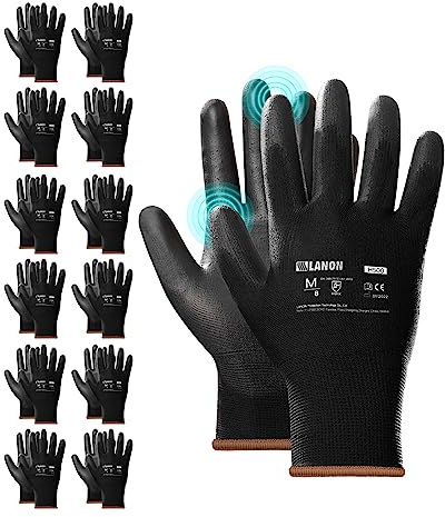 LANON 12 Paar PU Professionelle Arbeitshandschuhe, Mehrzweck Arbeitshandschuhe für Herren, Nahtlos Gestrickt, Schwarz, L/9