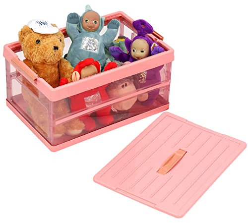 Tuevob Transparent Storage Container Collapsible Storage Box with Lid Plastic Storage Bin Toy Organizer Stackable Book Box Clear Folding Utility Crate Tote Closet Shelf Basket - Pink