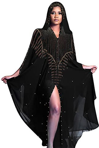IWEMEK Women Open Front Loose Fit Batwing Long Sleeve Abaya Dubai Kaftan Turkish Muslim Hijab Dress Cardigan Chiffon Hooded African Evening Dresses Hot Drilling Maxi Kimono Robe Black 05 One Size