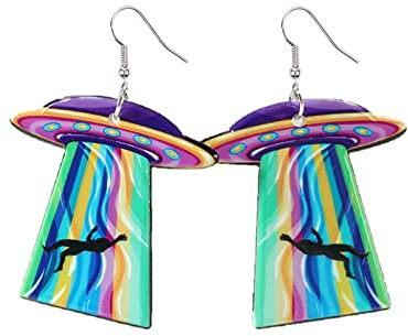 Acryl gedruckt UFO-Thema Statement Tropfen baumelnde Ohrringe mit einer Auswahl an Oberflächen., Acryl Edelstahl