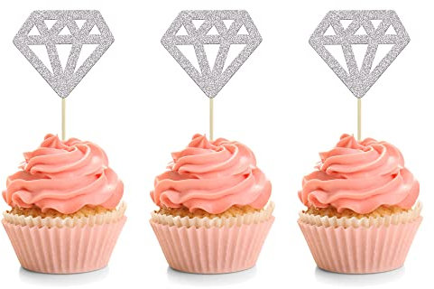 24Pcs Diamond Ring Cupcake Toppers Silver Glitter Diamond Wedding Ring Cupcake Picks for Marriage Engagement Anniversary Valentines Party Cake Decorations Supplies