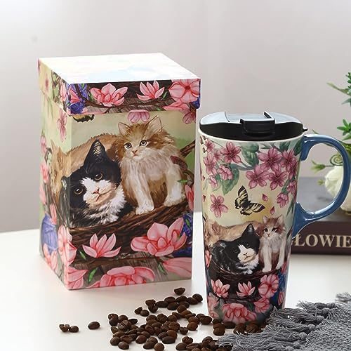 DUSVALLY Coffee Ceramic Mug Porcelain Latte Tea Cup with Lid,Handle and Gift Box Latte Mug,17oz,Cat