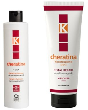 K-Cheratina, Trattamento Ricostruzione Capelli Shampoo e Maschera a Base di Cheratina, Idee Regalo, Kit con Shampoo Ricostruzione per Capelli Danneggiati 200ml, Maschera Ricostruzione 250ml