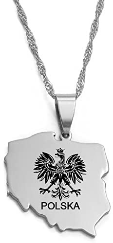 Stylish-Art Polska Karte Charm-Anhänger Und Kettenhalsketten,Polen-Karte Halsketten Für Damen Herren Karten Geometrie Schmuck Amulett Patriotische Ornamente,Silber,45 Cm Kette