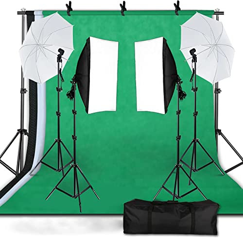Andoer Photo Studio Kit, Background Support System 1.6m x 3m with Softbox, 45W Light Bulbs, Umbrella, E27 Lamp Holder, 2M Light Stands, Transport for Photography, Photos and Video