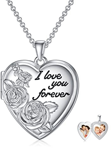 ROMANTICWORK Collier Photo Médaillon en Argent Sterling 925 Pendentif Porte Photo Collier Médaillon Rose Coeur Bijoux Rose Cadeaux Anniversaire pour Femme Fille