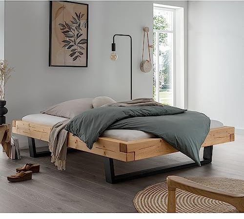 Lomadox Massivholz Doppelbett, 180x200 cm, Fichte massiv, ohne Kopfteil, Schwarze Metallkufen, B/H/T ca. 198/42/228 cm