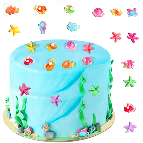 DBALL 15 Stücke Meerestiere Miniatur Deko Torte Dekoration Ozean Mikrolandschaft Tropischer Fisch Krabbe Clownfisch Seestern Harz DIY Zubehör für Strand Hawaiisch Thema Geburtstag Party