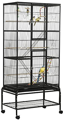 PawHut Jaula para Pájaros con Ruedas 83x53x180 cm Pajarera Metálica de 3 Niveles con 3 Perchas Comederos Juguetes Rampas y Estante de Almacenamiento para Canarios Periquitos Negro