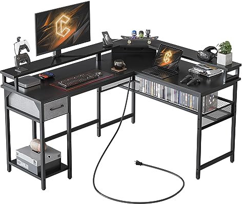 CubiCubi L Shaped Desk with Power Strip and LED, 150 * 120 cm Gaming Desk with Storage Shelves, Modern Home Office Computer Desk, Easy to Assemble, Black