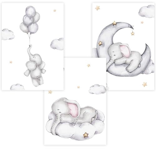 WANDKIND Kinderzimmer Poster Set Premium P707 / Elefant kuschelig Babyzimmer Wandbild Wandbilder (A3-29,7 x 42,0 cm, Weiß/White)