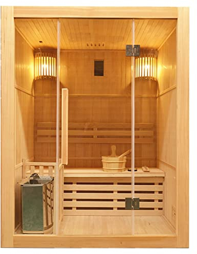Sanotechnik Sauna finlandesa RIGA para 3 personas, estufa de sauna con piedras para sauna, 2 lámparas, cristal de seguridad, ventilación, cubo con creador, termómetro y reloj de arena, dimensiones: