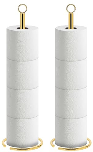 NearMoon Bath Toilet Paper Holder Stand, Free Standing Tissue Paper Storage with Reserve, Space Toilet 4 Rolls Holder for Bathroom/Kitchen Countertop-All Metal (2 Pack, Chrome Gold)