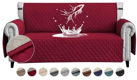 FIGOOO wasserdichte Sofabezug 2 Sitzer Dicke Sofaschoner Wasserdicht Gesteppte Sofa Überzug mit Seitentaschen Sofaüberwurf rutschfest Kratzfest für Haustiere Hunde Katzen,Weinrot