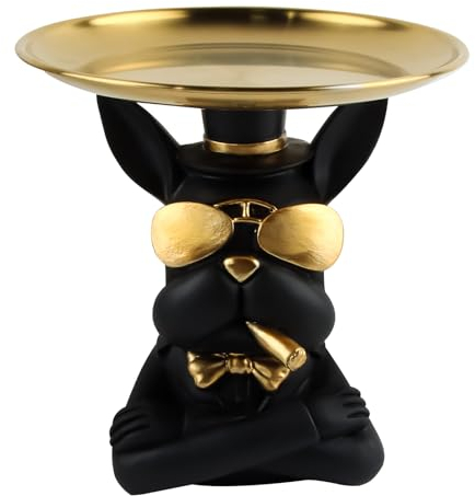 FainFun Französische Bulldogge Tablett Deko, Französische Bulldogge Statue Schwarz, Bulldogge Skulptur Deko, Skulpturen Französische Bulldogge, für Wohnzimmer, Eingangsbereich, Büro(Schwarz)