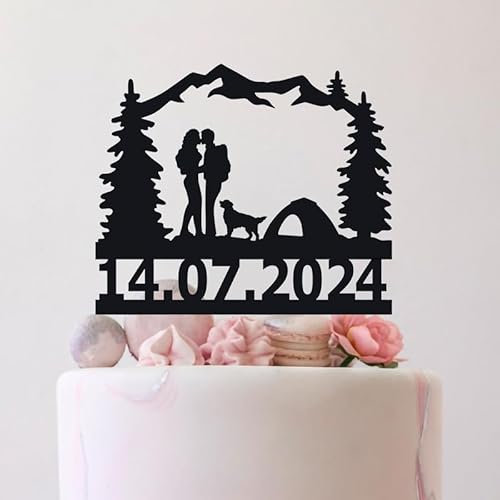 Camping Hiking Wedding Tent Cake Topper With Dog Mountain Couple Outdoor Adventure Engagement, For Funny Novelty Customized Acylic Silhouette