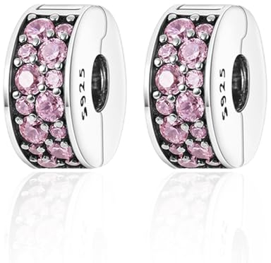 Amuefer Pink Pavé Clip Charms für Armbänder 925 Sterling Silber mit Cubic Zirkonia Stopper Geburtstag Weihnachten Schmuck Geschenke für Frauen Mädchen-2 Stücke