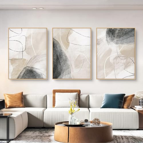 Qeuufieu 3er Abstrakt Beige Poster Set, Abstrakt Geometrie Linie Leinwandbilder, Ohne Rahmen Wandbilder, Boho Kunstposter Wanddeko für Wohnzimmer Schlafzimmer (40x50cm)