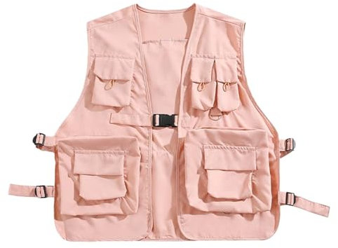 Rockible Multi-Pocket Gilet Waistcoat - Summer Fishing Vest, Cargo Outerwear - Pink, M