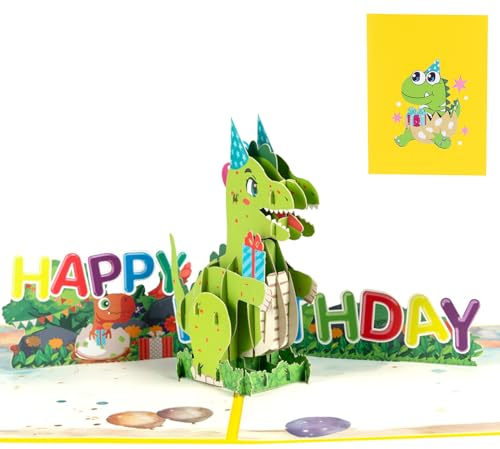 Hierein Popup Karte Geburtstag, Cartoon Dinosaurier Geburtstagskarte mit Umschlag, 3D Cute Dino Pop Up Karte für Geburtstag Junge Mädchen Kinder, Geburtstagsgeschenk Happy Birthday Karte
