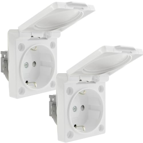 BeMatik - Base de enchufe schuko empotrable IP44 a tornillo con tapa de color blanco 2 pack