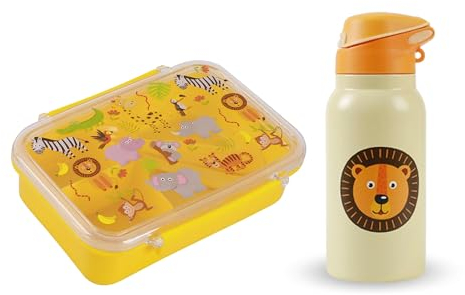 I-Drink – Bundle Lunch box + Borraccia Tritan 400ml, per Bambini, Porta Merenda, Picnic, Scuola, Senza BPA, con Disegni di Infanzia (Animali Termico)