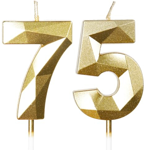 Yiran Gold 75. Geburtstagskerzen, 75. Geburtstagsdekorationen für Frauen und Männlich, 3D-Zahl-75-Kerze für Kuchen, Goldene Kuchendekorationen für Geburtstagsfeiern und Hochzeiten Zubehör