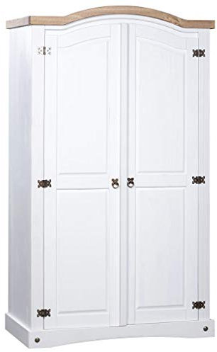 ShCuShan Kleiderschrank Mexiko-Stil Kiefernholz 2 Türen Weiß Schrank Schlafzimmer Schrank Wardrobe Bedroom Schlafzimmerschrank Kleider Schrank