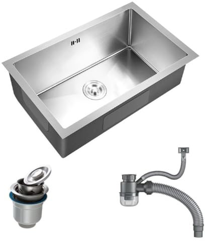 Inset/Undermount Stainless Steel Kitchen Sink Deep Square Single Bowl with Strainer Drain, Silver (52x42cm)