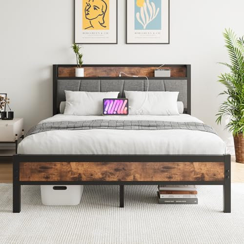 BORPHOM King Size Bed Frame with Storage,5ft Metal Platform Bed Frame Kingsize Bed Base with Charging Station,Mattress Foundation,Strong Steel Slats Support,Under-bed Storage,Noise Free,Grey