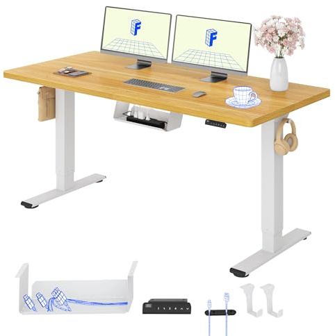 FLEXISPOT Bureau Assis Debout & 2 Moteurs, 160x80cm,Blanc+Érable | Charge de 120kg, Système anti-collision, Panneau de Commande avec 4 mémoires & Accessoires Pratiques Inclus pour Bureau