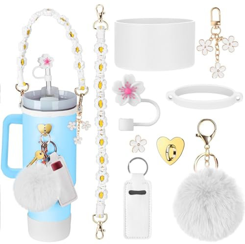 8 Packs of Accessories Set for Stanley Cup, Includes Water Bottle Handle Strap Silicone Straw Cover Cap, Cup Decor for Stanley Cup 40oz and 30oz Tumbler Stanley Charms for Women Girls (White)