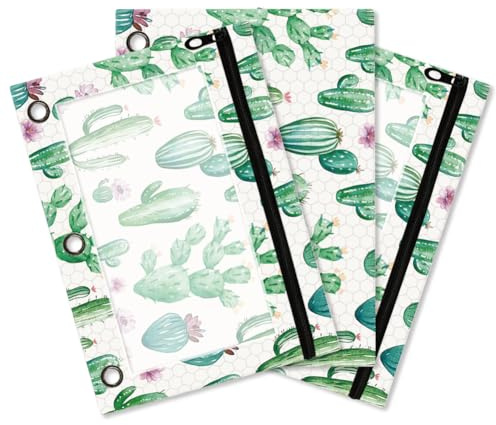 Hobbspring 3 Stück 3 Ring Ordnertasche 25x18cm Kaktus Federmäppchen Mit Reißverschluss Transparentem Fenster Kakteen Sukkulenten Bleistiftordnertaschen Für Büro Schule Reisen Kosmetikbedarf