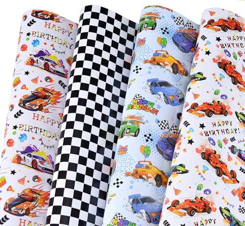Titiweet Rennwagen Geschenkpapier - 6 große Blätter Rennwagen Karierte Flagge Geburtstag Geschenkpapier für Jungen Mädchen, 39,4 x 27,6 Zoll pro Blatt (Race Car Birthday)