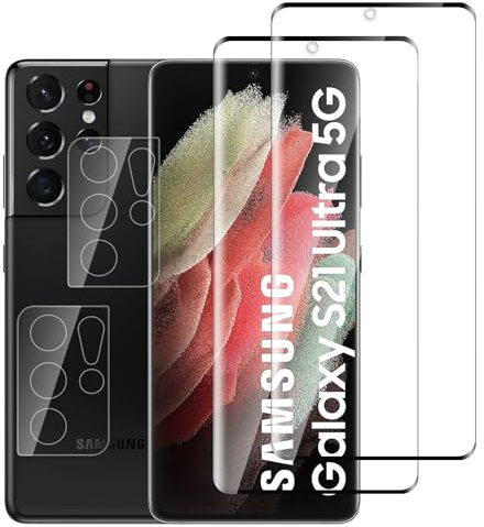 Jinshiweikai Lot de 4, 2 x Verre Trempé pour Samsung Galaxy S21 Ultra et 2 x Protection Ecran Caméra Arrière,3D Incurvé Couverture,sans Bulles d'air,Dureté 9H Glass,Compatible Samsung Galaxy S21 Ultra