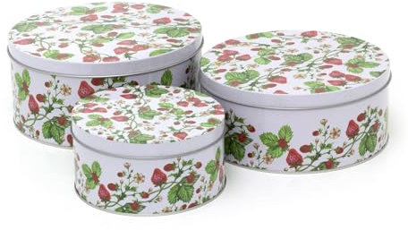 Carousel Home Set of 3 Strawberry Nesting Tins | 3-piece Round Fairy Cake Biscuit Muffin Storage Display Tins | Strawberry Field Design