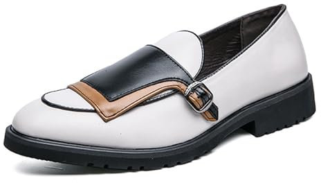 LMUIPMAA Zapatos de Negocios Planos sin Cordones para Hombre Zapatos de conducción Ligeros Casuales Mocasines Formales de Cuero sintético,Blanca,43 EU