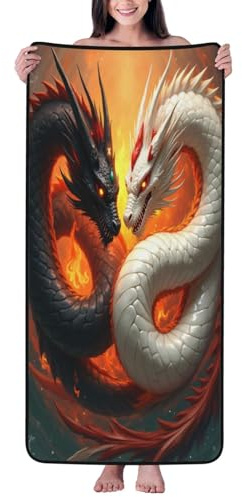 Badetücher mit coolem Drachen-Motiv, Nr. 548, sehr saugfähig, weich, groß, 68 x 140 cm, Schwarz / Weiß