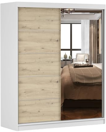 Schwebetürenschrank 61×160×195 cm - Kleiderschrank mit Spiegel, Schwebetüren, Laminat 16 mm, Alu-Griff, ABS-Kante, Stauraum-Organisation, Schlafzimmer Ankleide, Weiß/Artisan - Imoebel24